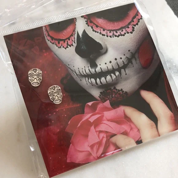 Skeleton Sugar Skull Day Of The Dead Halloween Dia de Los Muertos Post Earrings - Picture 4 of 11